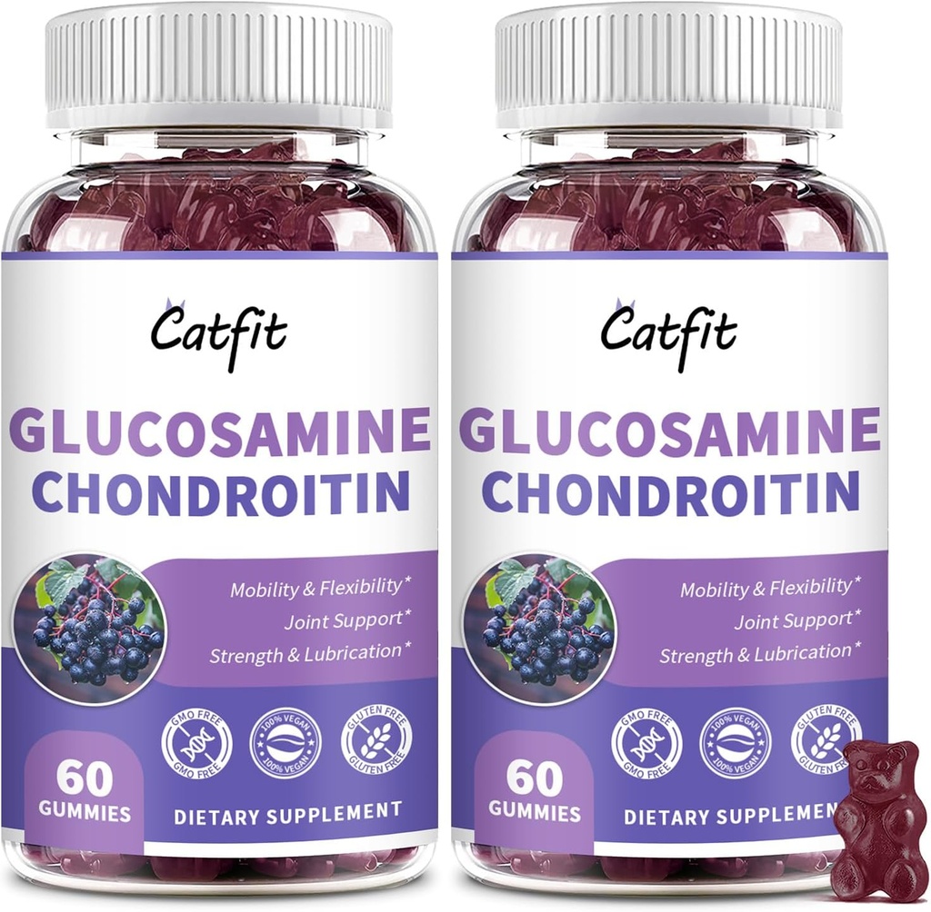Catfit Glucosamine Chondroitin Gummies, Extra Strength Joint Health Supplement with MSM & Elderberry, Antioxidant Imunitation Supplement for Dospělí muži a ženy (2 Pack)