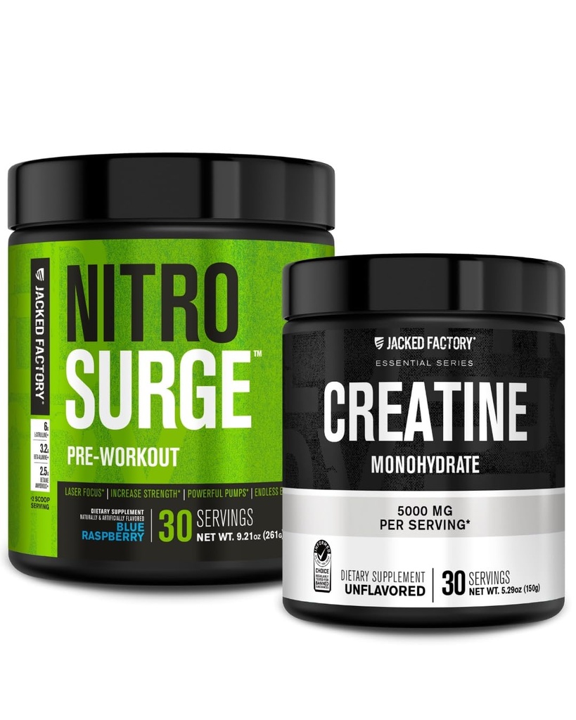 Jacked Factory NITROSURGE Pre Workout dodatek (Blue Raspberry) Creatin Monohydrát prášek 150g pro růst svalů, zvýšená síla, zvýšená energie