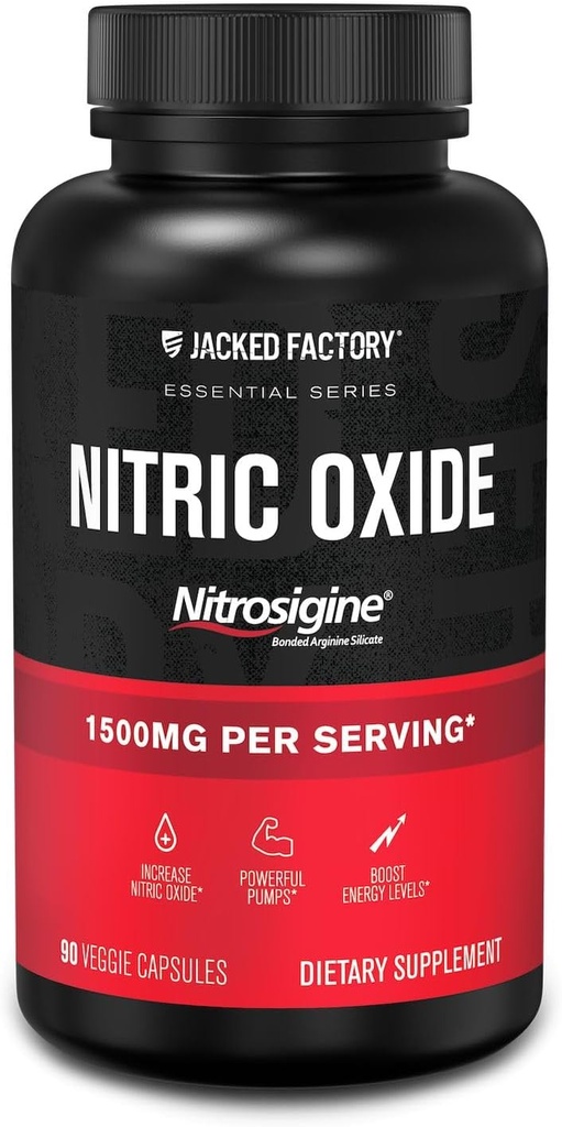 Jacked Factory Essentials Nitric Oxide Booster - Patentovaný vázaný L- Arginin Křemík 1500mg Pre Workout Dodatek pro růst svalů, čerpadla, vaskularita a energie - 90 Veggie pilulky