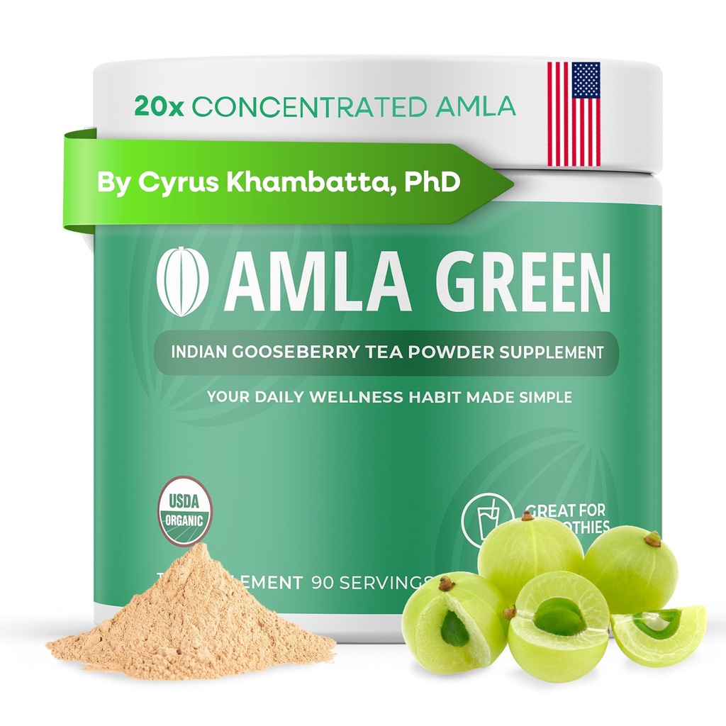 Amla Powder & Green Tea Superfood Dodatek, 20x Ultra Koncentrovaná Amla, Antioxidant Podpora, Made with Oolong Tea and Indian Gooseberry, Organic, Vegan, Classic Flavor, 90 Servings