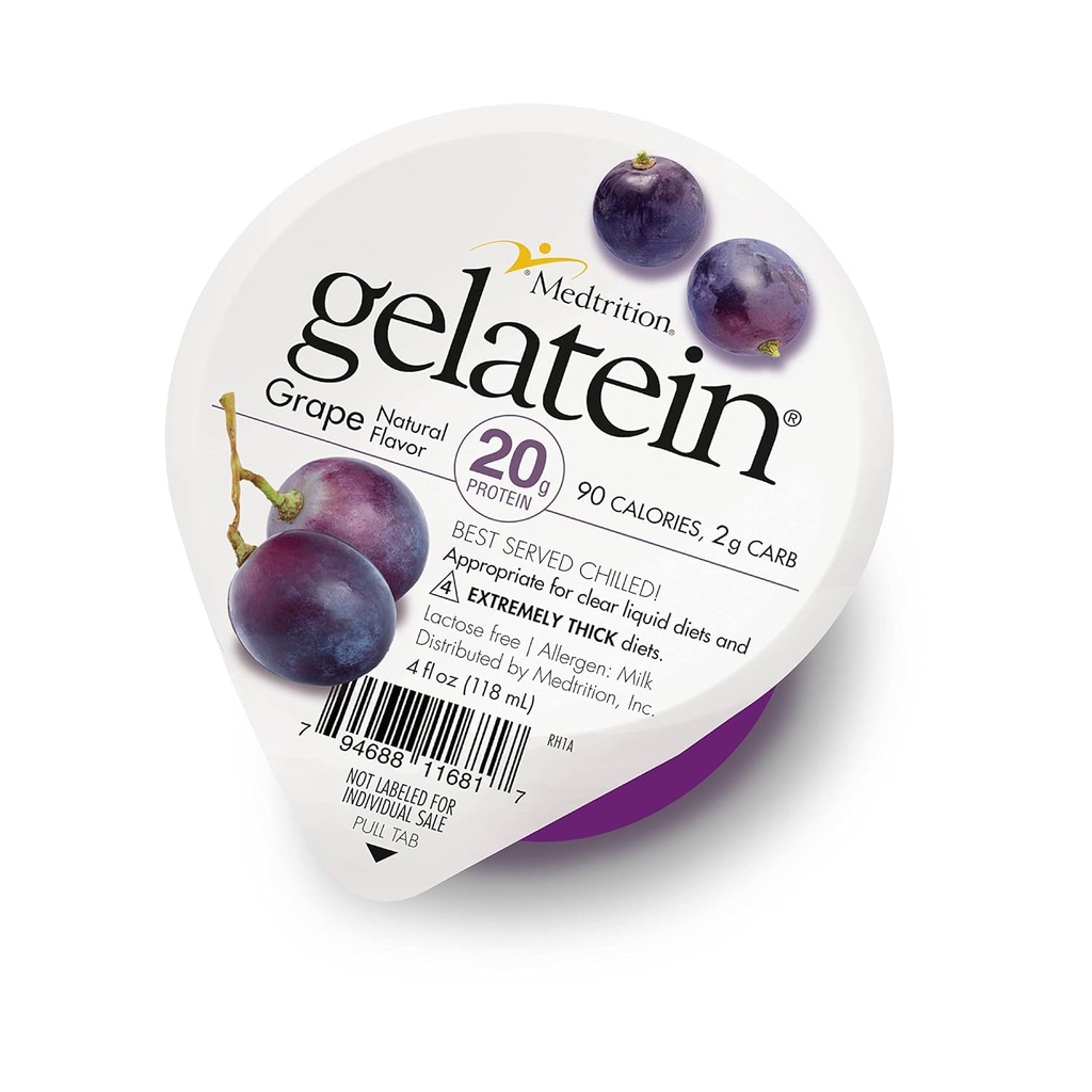 Medtrition Gelatein Grape- High Protein, Sugar Free Gelatin s 20 Grams proteinu current 124; Ideální pro čiré kapalné stravy, polykací potíže, bariatrické, dialýzy a onkologie (36 Sloužení)