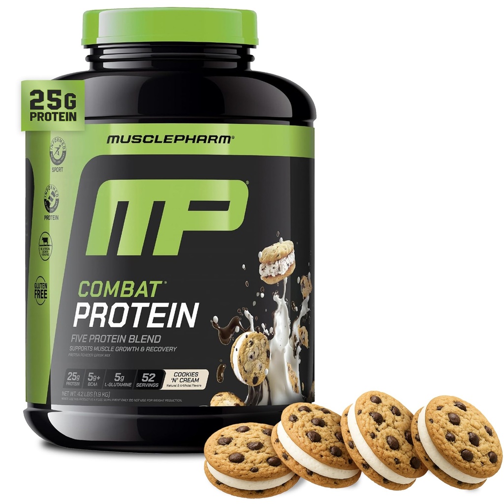 MusclePharm Combat Protein Powder, Cookies 'N' Cream Flavor, Fuels Muscles for Productive Workouts, 5 Zdroje bílkovin včetně syrovátkového proteinu izolátu a vaječného albuminu, gluten zdarma, 4 LB, 52 Služeb
