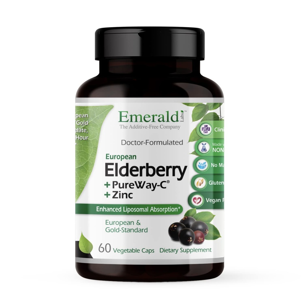 EMERALD LABS Elderberry Plus - Trávicí a imunitní podpora s evropským Elderberry Extract, Vitamin C jako PureWay-C & Albion Chelated Zinek - Vegan & gluten- bez - 60 Zeleninové kapsle (30- denní dodávka)