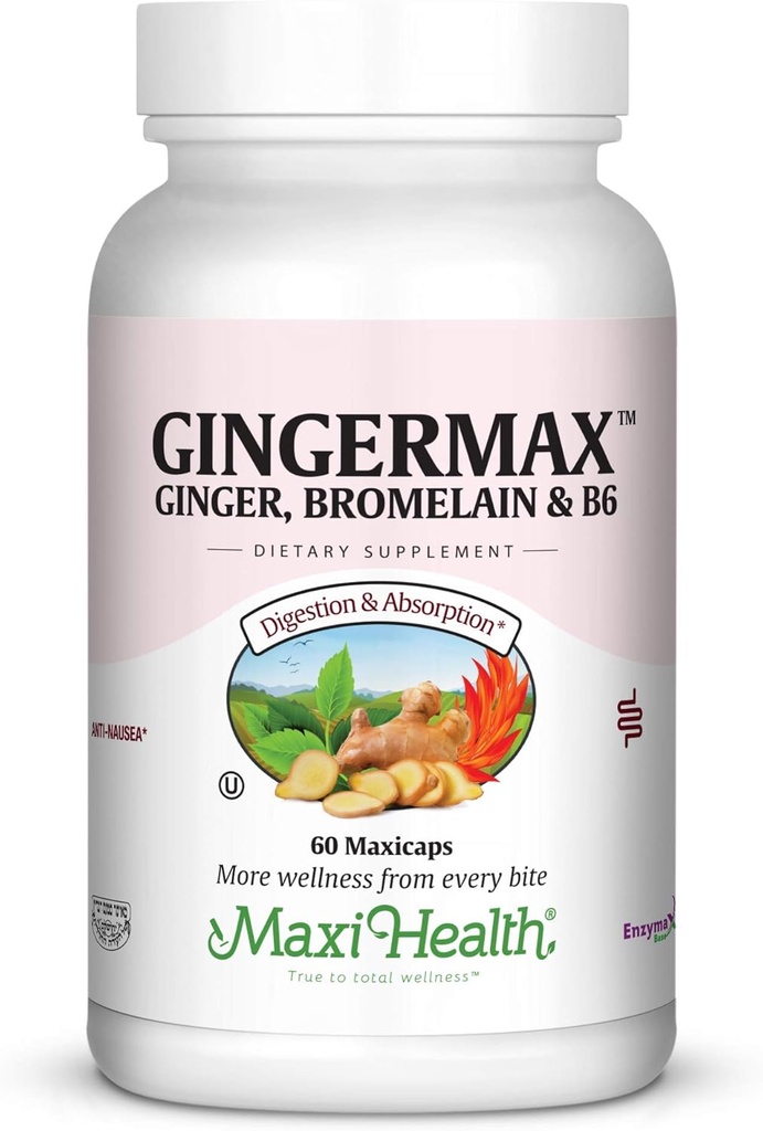 Maxi Health Gingermax - Ginger - Bromelain & Vitamin B6 - Digestion Health - 60 Kapsle - Kosher