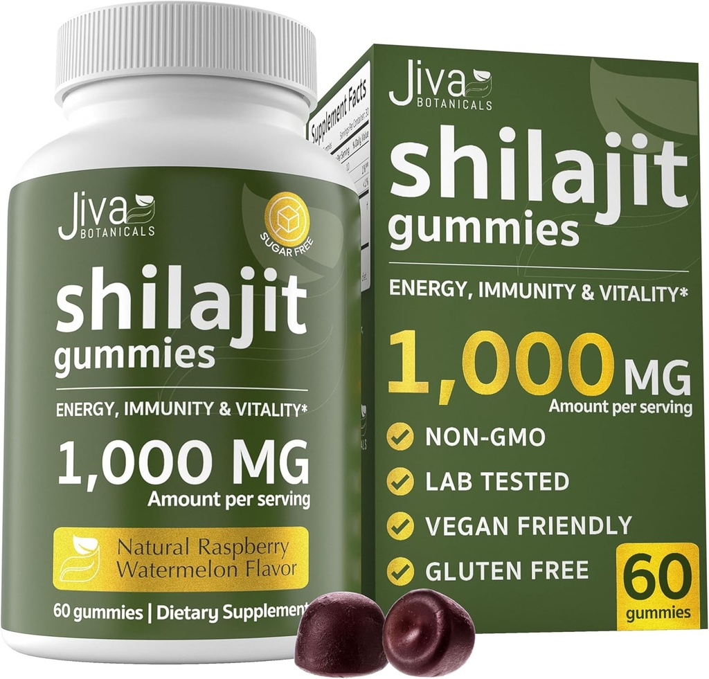 Jiva Botanicals Pure Shilajit z Himaláje Gummies pro muže a ženy - Shilajit Gummies 1000mg pro zdravé stárnutí, imunitní systém a normální energie podpora - Sugar- Free, Vegan, 60 Počet (balení po 1)