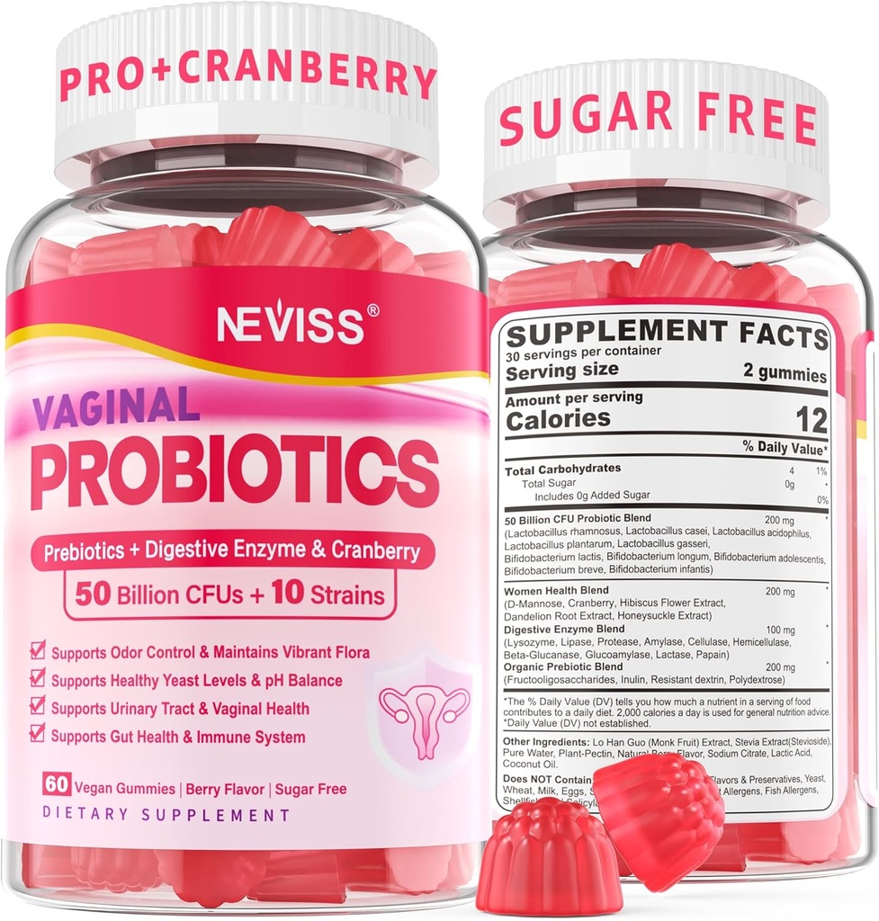 Vaginální Probiotika Gummie pro ženy PH bilance, Odorová kontrola s prebiotika, Cranberry, D- Mannose, Promotes Feminin Zdravá Vaginální Flora, Močová Trakt, kvasnice, Digestivní podpora, Cukr zdarma, 60Cts