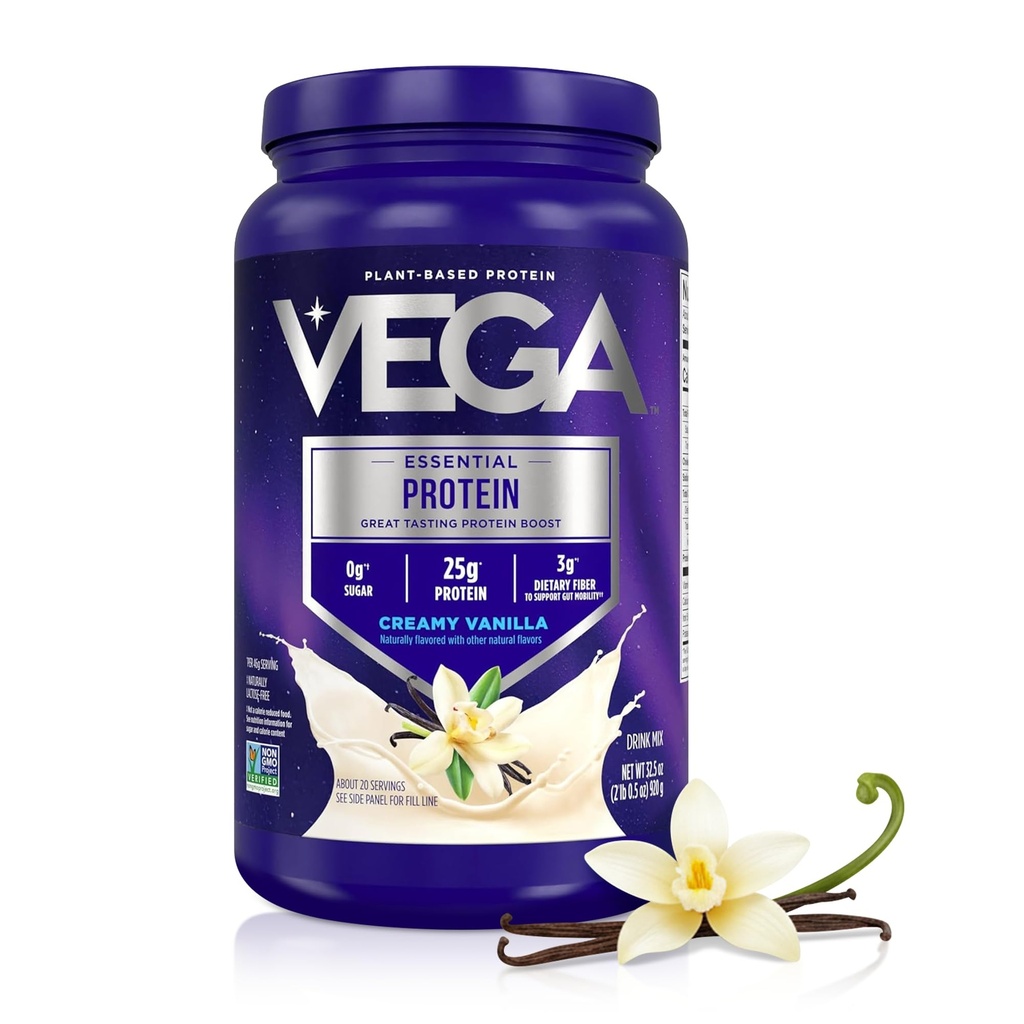 Vega Original Essential Protein - 25g Plant- Based Protein, Creamy Vanilla, 20 Servings, Vegan Non- GMO Drink Mix, Smoothie & Shake Ready, Gluten Free, Dairy Free, 32.5oz (Balení May Vars)