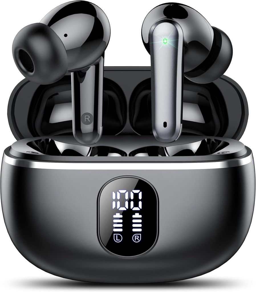 Bezdrátové sluchátka, Bluetooth 5.3 Sluchátka Big Bass Stereo, Ušní Budy s hlukem Cancelling Mic LED displej, v Ušní sluchátka IP7 vodotěsné, 50H Playtime for Sports, černá