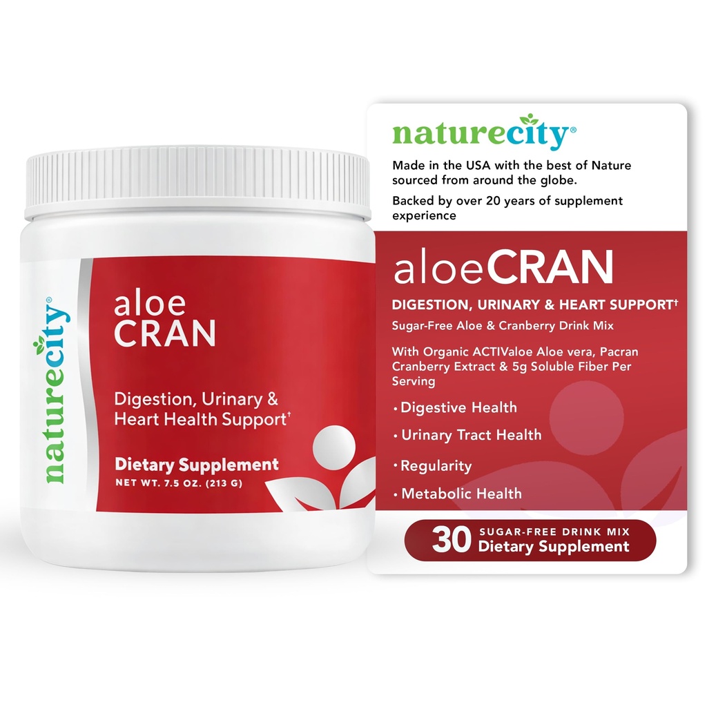 NatureCity AloeCran - Čistá aloe Vera Blend s Cranberry Powder Supplement - Cukr zdarma Fiber Combo Mix pro stravovací a močové zdraví - Gut & Metabolic Health Support - 30 dní dodávky