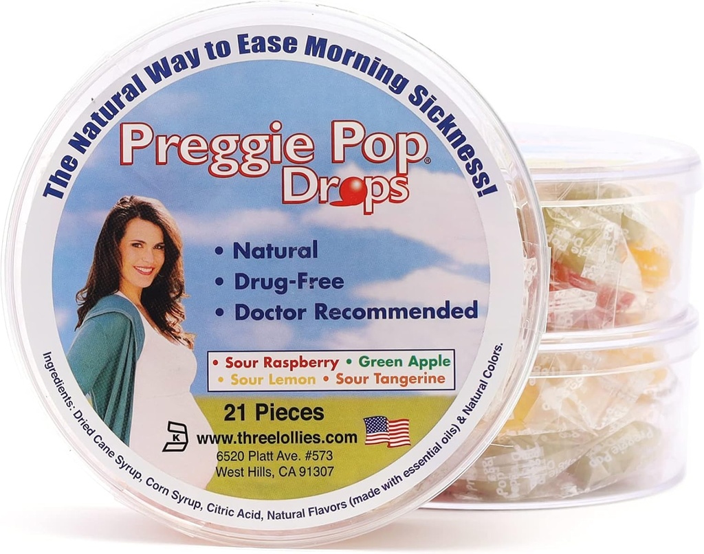 Preggie Pop Drops - pomáhá při ranní nemoci během těhotenství (3 balení, 63 počítat) - S esenciální oleje, bezpečné pro těhotné maminka & Baby, gluten zdarma - Lemon, Maliny, zelené jablko, tangerine