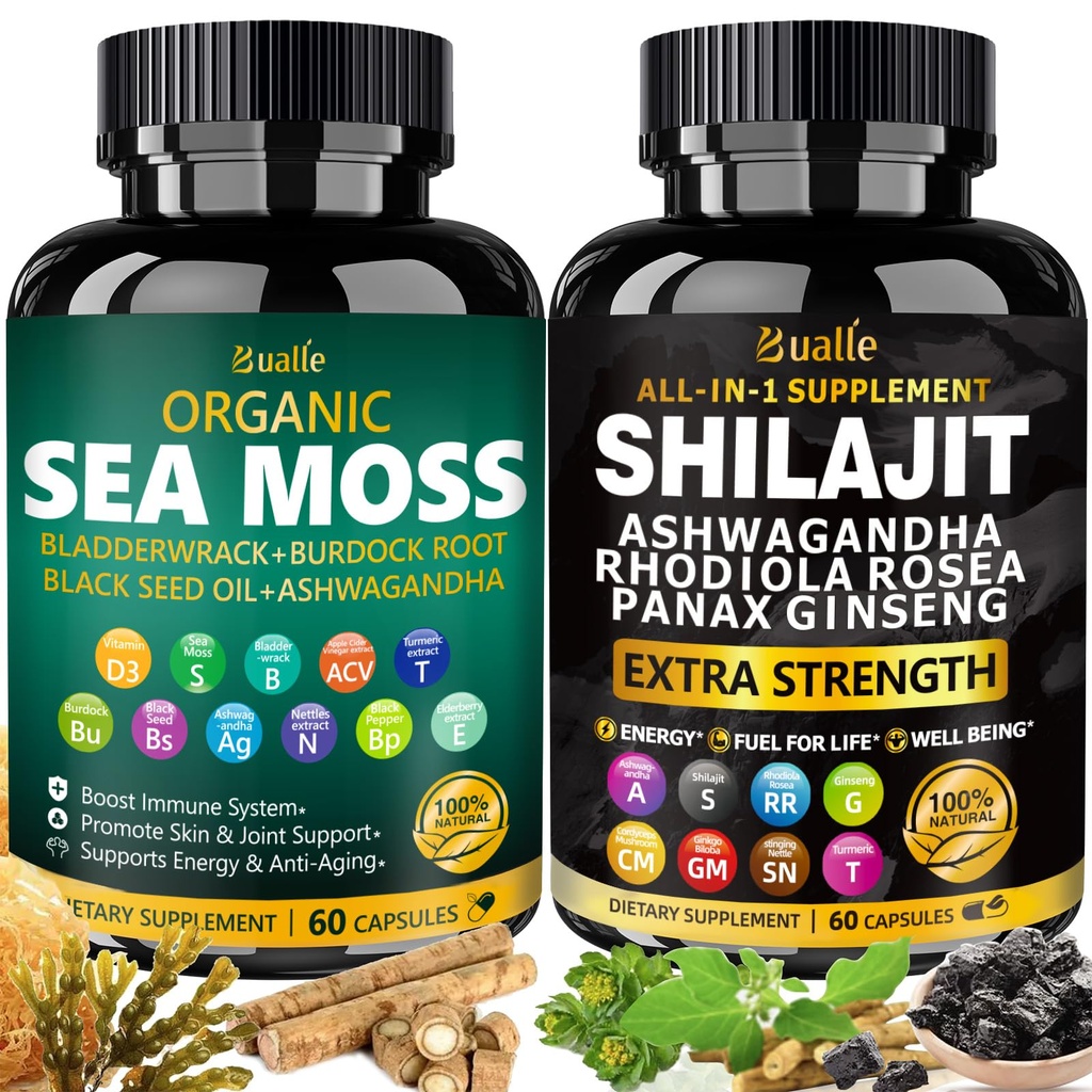 Bualle Sea Moss a Shilajit Bundle- Sea Moss 300mg, Black Seed Oil 100mg, Ashwagandha 50mg, Ginger & Shilajit 300mg, Rhoddiola Rosea 100mg, Panax Ginseng 50mg, Vše v 1 Supplements- USA Made (2 Pack)