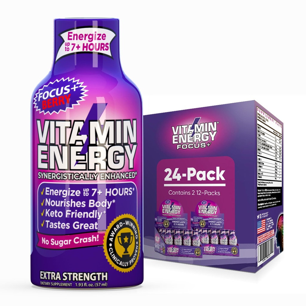 Vitamin Energy Focus + Extra Strength Energy Shot Berry 24 Pack, 260mg přírodní kofein, B-vitaminy, CoQ10, aminokyseliny, Focus, Productivity & Clarity, Nulový cukr, gluten- Free, 1.93 fl oz