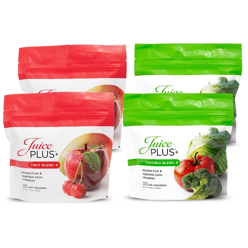 JuicePlus + ovocné a zeleninové směsi měkkých žvýkaček - Chutné Veganské ovoce, Veggie Gummy Vitamíny pro dospělé a děti - 4 měsíce Dodávka 4 balení (2 z každé chuti)