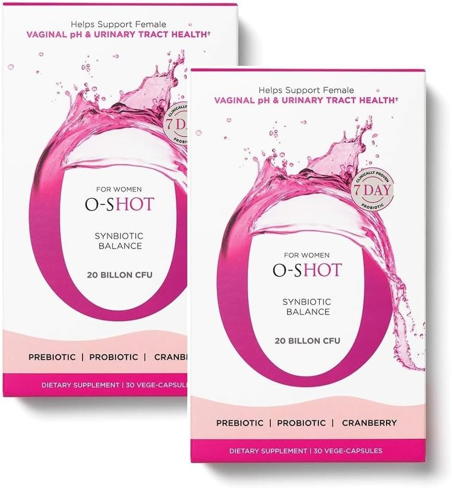 O- Shot 2 Pack Vegan Vaginální Probiotic + Prebiotic pro ženy, Cranberry Extract, Chicory Root, Vaginální pH, Močové Trakt, Digestion, Bloating, Non Dairy, Non GMO, Gluten Free, 60 Vege- Kapsle