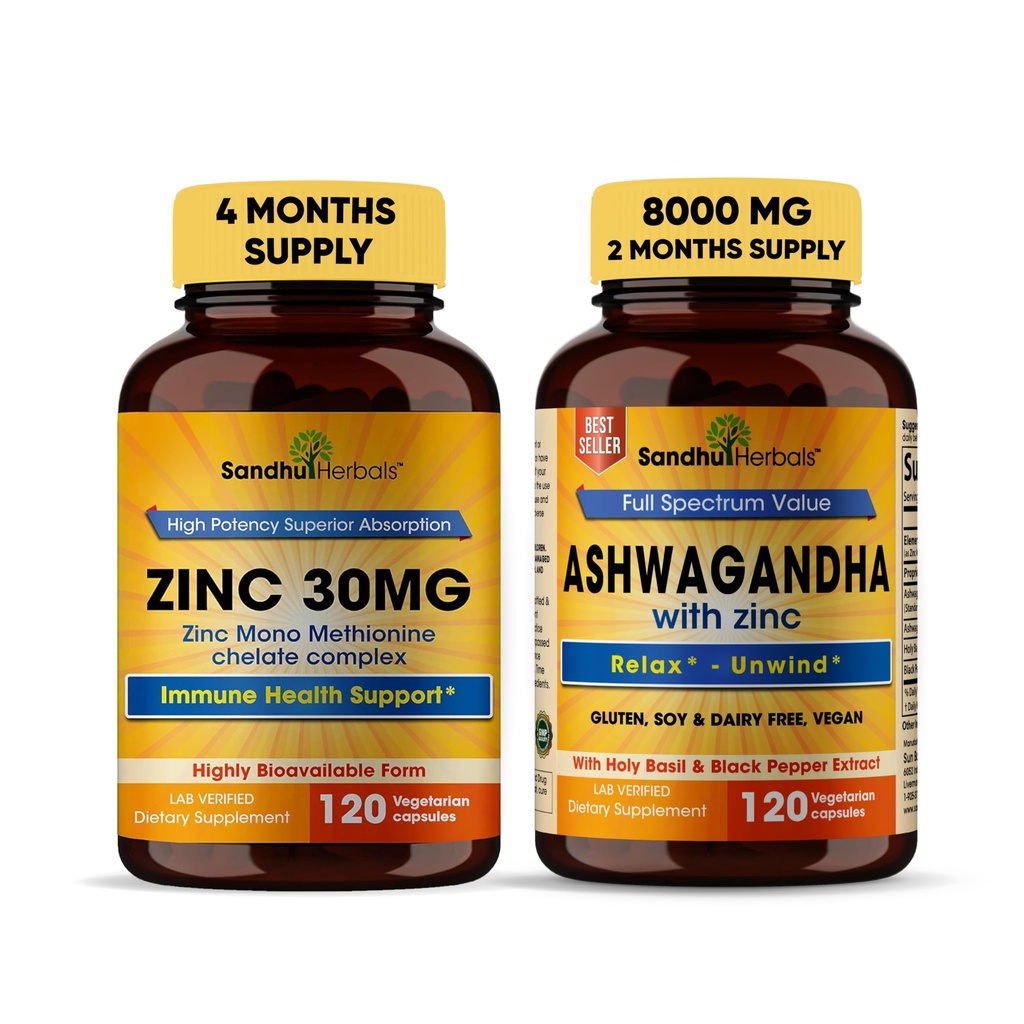 Sandhu Herbals Zinek 30mg doplněk a Organic 4 v 1 Ashwagandha Kapsle se zinkem 124; Podporuje zdravou pleť, imunitní systém ISN 124; Non- GMO