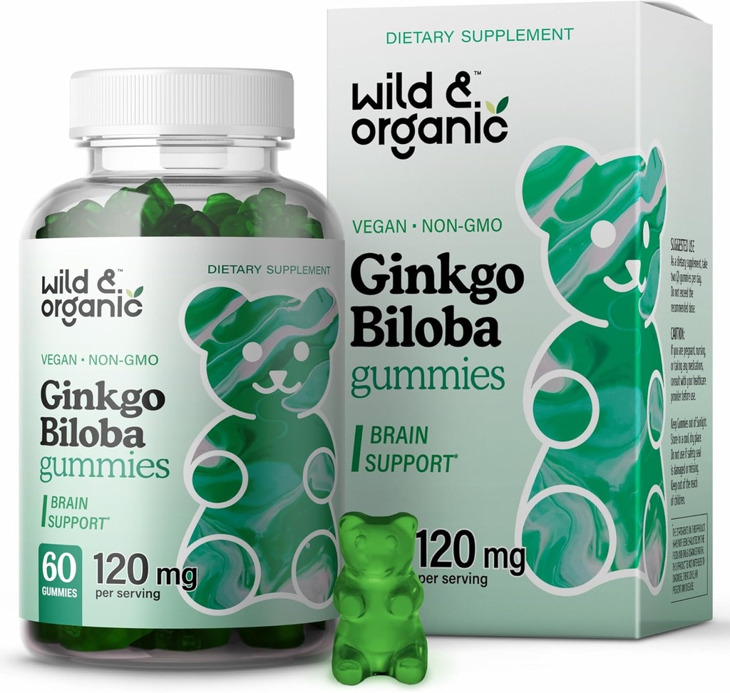 Wild & Organic Gingko Biloba 120mg Gummies - Brain Support and Focus Supplement w / Ginkgo Biloba Extract - Vegan, Non- GMO - 60 Pectin- based Herbal Chewables