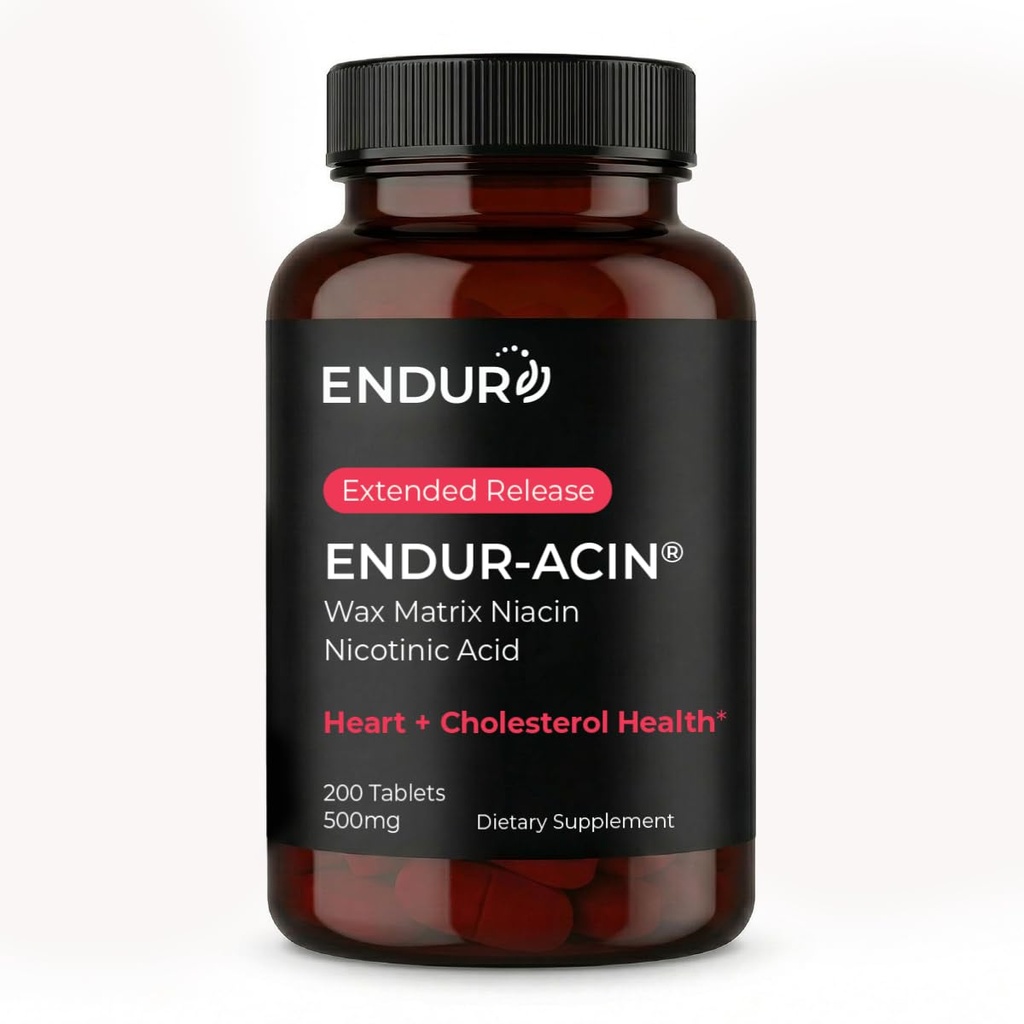 ENDUR- ACIN Niacin, Heart Health & Health Cholesterol Balance Supplement, Extended Release for Optimal Absorption, Gluten Free, 500 mg (200 tablet)