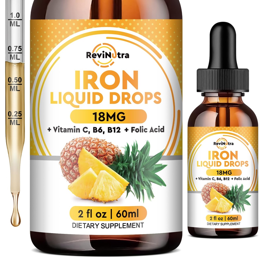 Liquid Iron dodatek pro ženy, muži a děti, Liquid Iron Kapky s folátem, Vitamin C, B6, B12 pro anemii, Red Blood Cell, Energy Support, Ananas Flavor, 2 Fl Oz