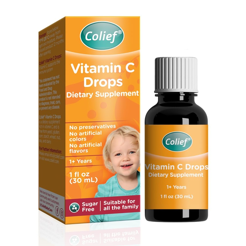 Colief Vitamin C Kapky pro děti 124; Denní imunitní podpora pro kojence věk + 1 br 124; Diář, gluten a konzervativní zdarma 124; Podporuje vývoj zdravých kostí a zubů 124; 600 Kapky