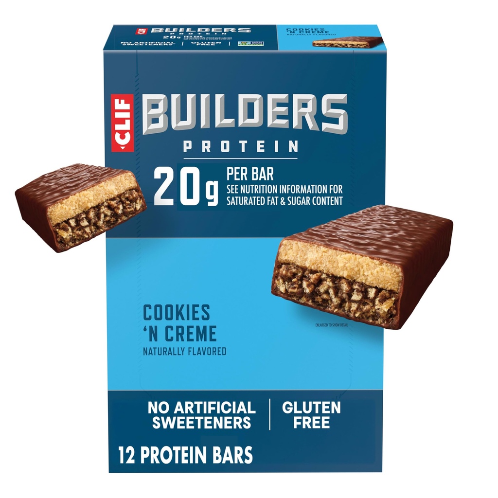 CLIF BUILDERS Protein Bars - Cookies 'n Cream Flavor - 20g Plant Based Protein - Gluten Free - Non- GMO - Low Glycemic - No umělé sladkosti - 2.4 oz. (12 Pack)