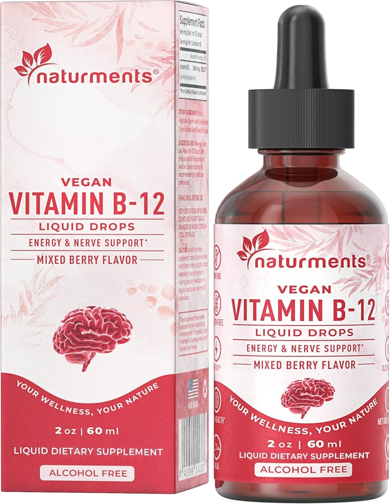 Naturments Vitamin B12 5000 mcg Organic Liquid Drops: Energy & Nerve Support- Vegan Alkohol Free, Non-GMO, Cukr Free 2 Fl Oz