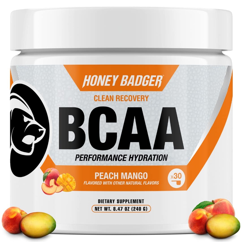 Med Badger BCAA + EAA aminokyseliny Powder, BCAA + L-glutamin, Keto, Vegan, Cukr zdarma pro muže a ženy, Hydration & Post Workout Muscle Recovery Drink Mix, Peach Mango, 30 Serving