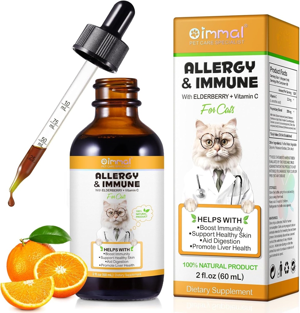 Alergie Reliéf Kapky pro kočky, Kočka Alergie Imunitní Booster Léčba pro sezónní alergie & trávicí, Zdravá játra & imunitní systém, Cat Herb dodatek s vitamínem C, Kuřecí Flavor - 60ml / 2fl.oz