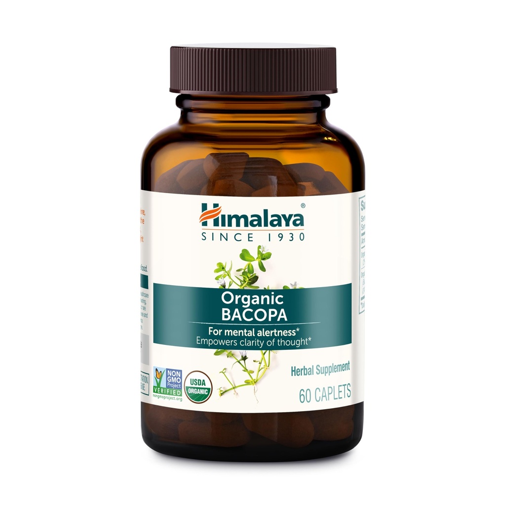 Himalaya Bacopa Monnieri Nootropic Bylinný dodatek, Podporuje klid, paměť, kódování, USDA Certified Organic, Non- GMO, 750 mg, 60 Plant- based Caplet, 60 Day Supply