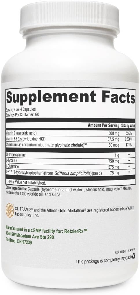 Crave Control by RetzlerRx - Podpora pomoci Appetit a Combat chutě - Chrom, DL-Fenylalanin, L-glutamin, Vitamin B6 + 5-HTP pro Mood & Appetit Podpora (240 Kapsle)