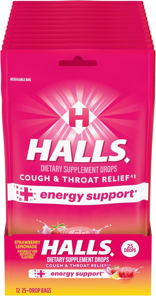 HALLS Relief + Energy Support, Strawberry Lemonade Cough Drops, 12 sáčků 25 Drops (300 Total Drops)