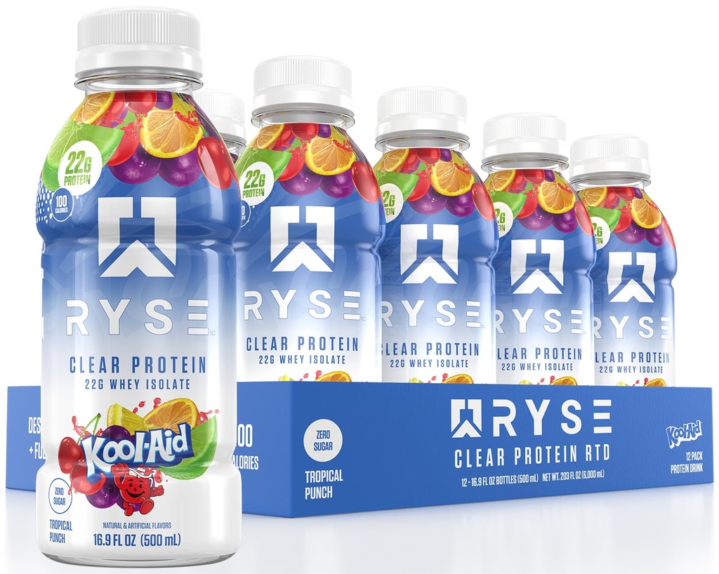 RYSE Čirý proteinový nápoj - Kool- Aid Tropical Punch - 100 Calories, 22g Syrovátkový protein Shake, Sugar- Free, 0g Tuk & Lactose-Free - Občerstvení Ready- to- Drink Nápoje - 16.9 fl oz Lattles (12-Pack)