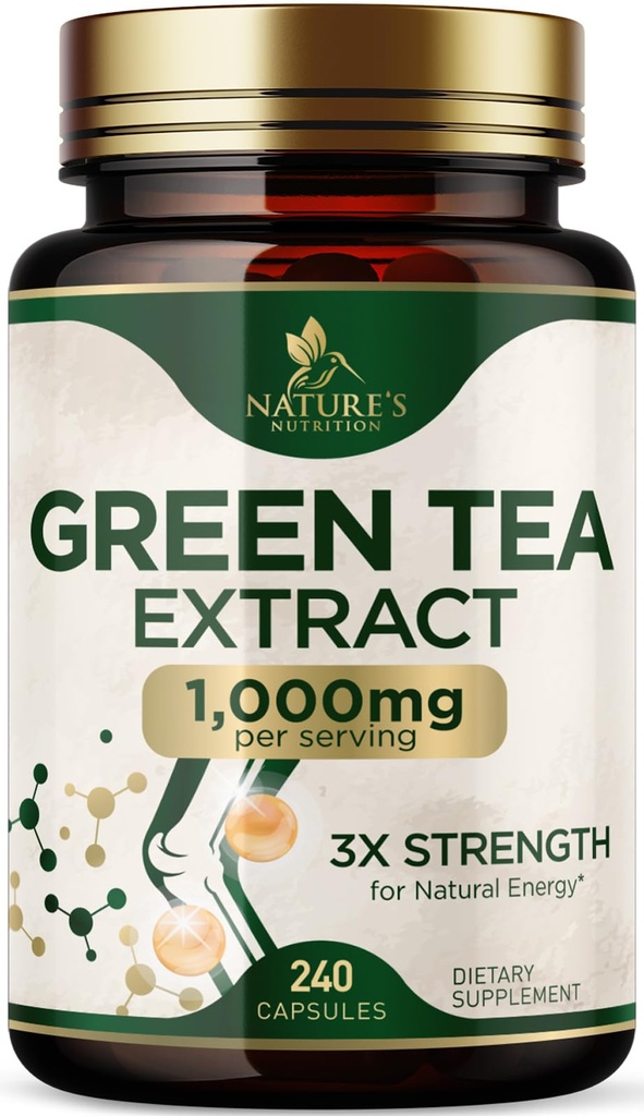 Zelený čaj Extract Kapsle 1000 mg - Standardizované 45% EGCG & 98% Polyfenoly - 3X Síla Zelený čaj pilulky pro přírodní energii - Podporuje srdeční zdraví, bylinný dodatek, Vegan, Non- GMO - 240 Kapsle