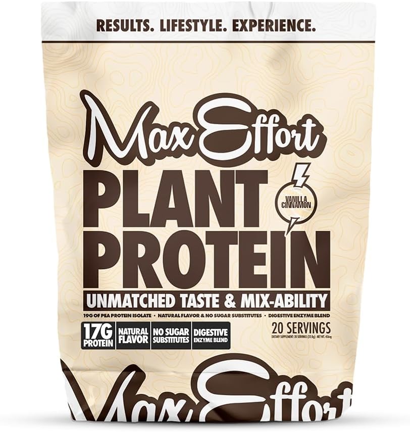 MAX EFFORT Plant Protein Powder, 17 G Pea Protein, Plant based, Gluten Free, Nízký karb, Protein Shake nebo Smoothie Mix, Výměna jídla, No Syrovátka, No Sugar Sub, Vanilla Cinnamon, 20 Srvg