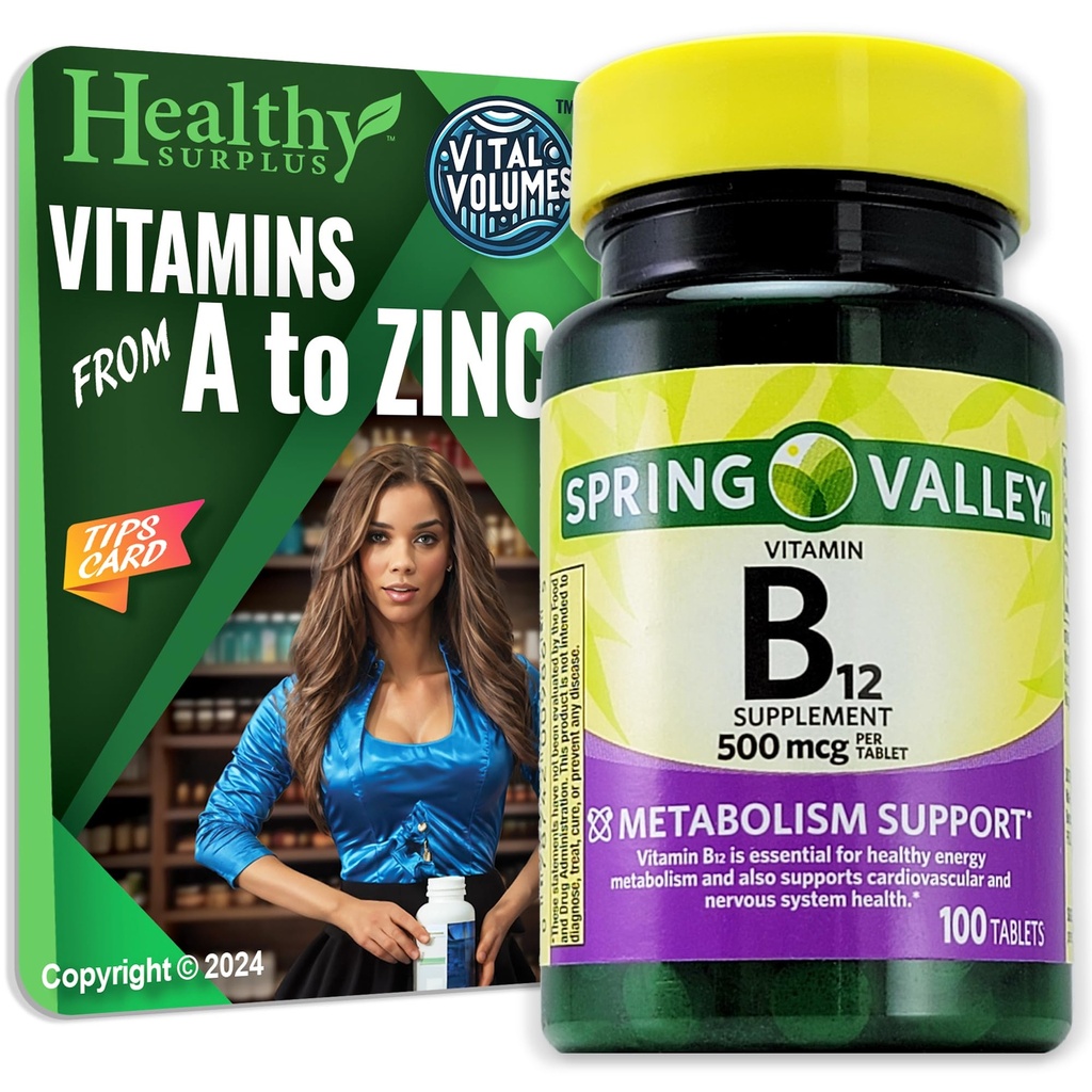 Zdravé Surplus vitamín B12 Doplněk Tablety 500 mcg 100 Tablet a Vital Volumes Tips Card