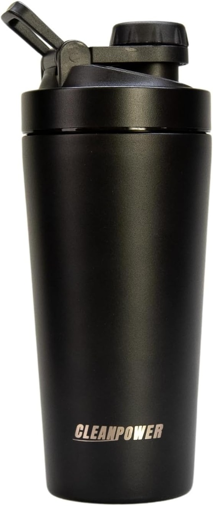 CleanPower Stainless Steel Shaker Bottle 124; Perfect for Protein Shakes, Pre- Workout, Smoothies, Coffee, atd. 124; Odor- Resistant CLAN124; BPA Free Lid (Matte Black)