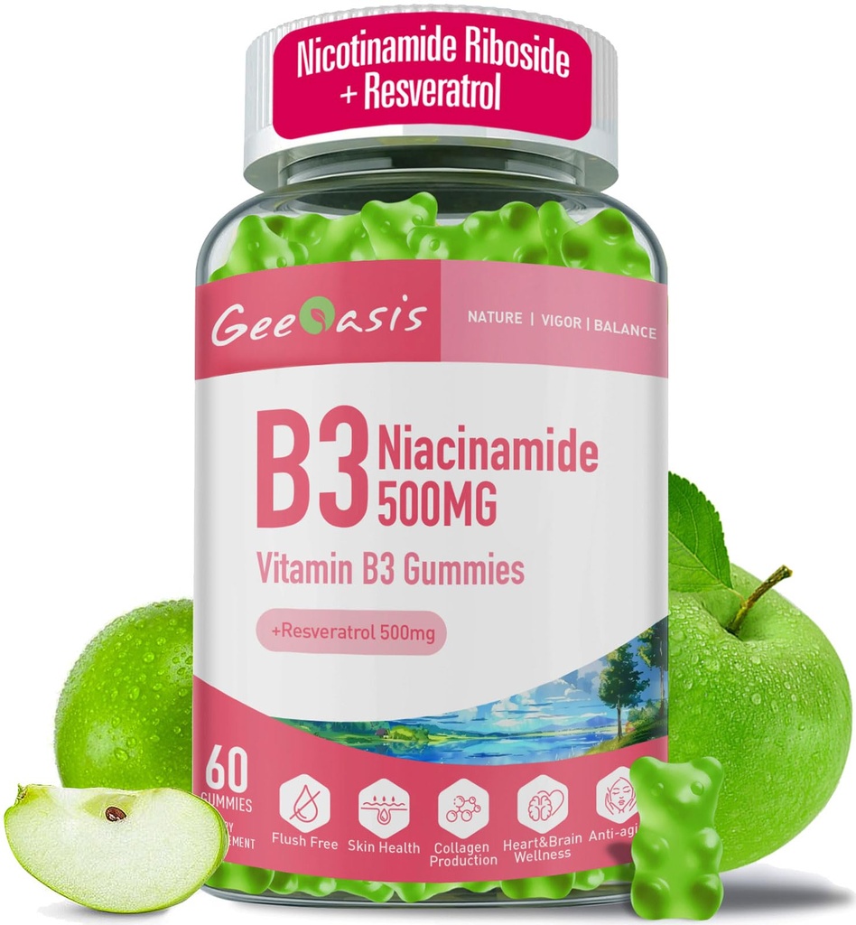 Niacinamid 500mg Gummies, Žvýkací vitamin B3 dodatek s Resveratrol 500mg, High potency Niacin pro antioxidant, kůže a mozek zdraví, imunitní podpora, Vegan Apple Flavor, 60 Počet