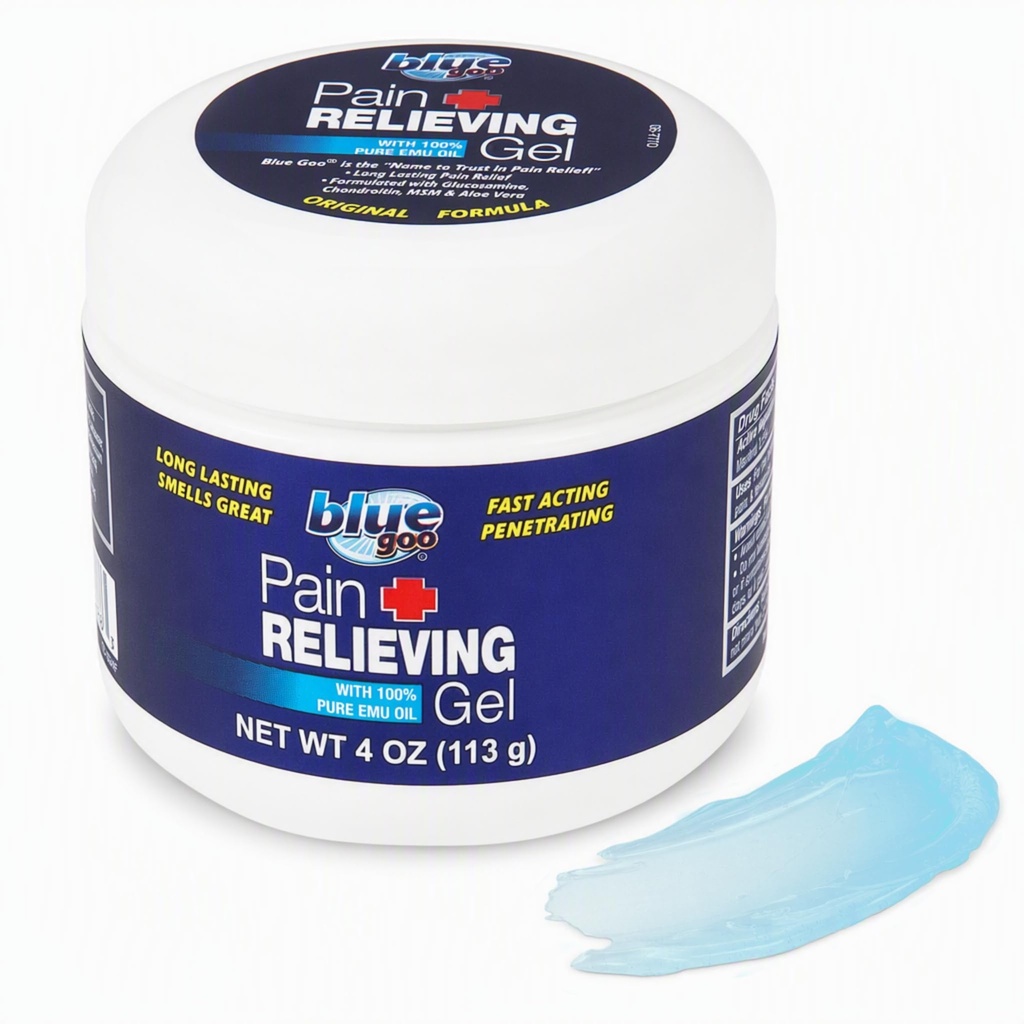 Blue Goo Pain Relieving Gel – Relief for Back, Neck, Muscle and Joint Pain, Fast-Acting Cooling and Soothing Relief with 100% Pure Emu Oil, 4 oz (1 Pack)