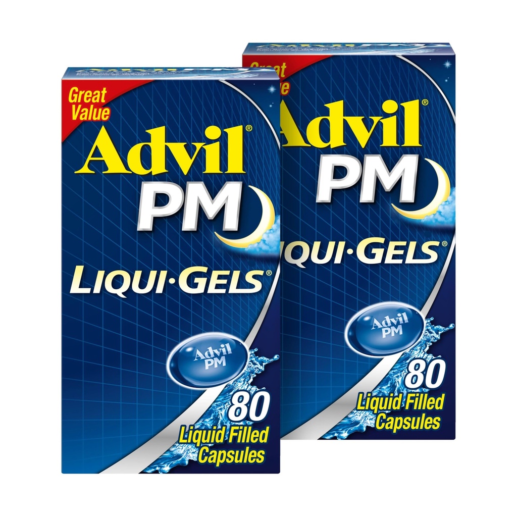 Advil PM Liqui- Gels Pain Reliever and Nighttime Sleep Aid, Pain Medicine with Ibuprofen for Pain Relief and Diphenhydramine HCL for a Sleep Aid - 2x80 Tekuté plněné kapsle