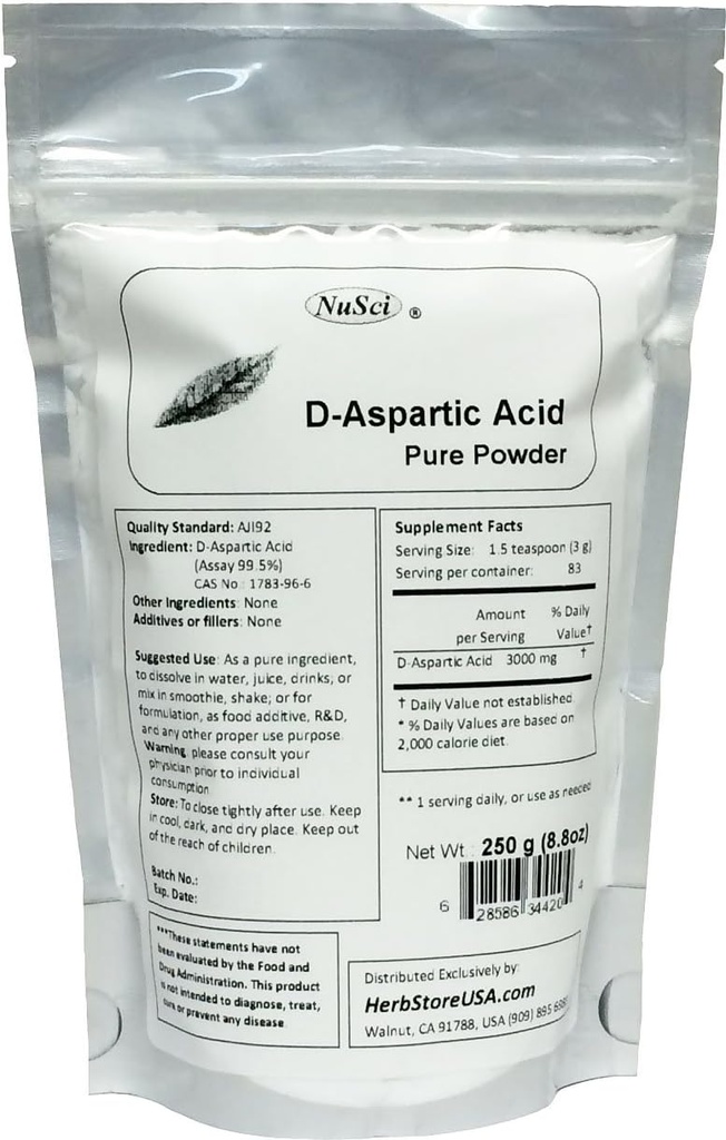 Čistá D- aspartová kyselina (DAA) prášek AJI standard kvality (250 gramů (8.8 oz))