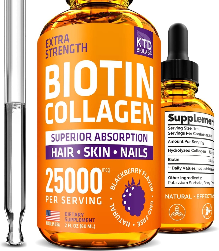 Tekutý kolagen a biotin kapky pro růst vlasů 25000 mcg - Vyrobeno v USA kolagen & Biotin vitamíny pro vlasy kůže a nehty - Hydrolyzované kolagen a biotin doplněk pro ženy a muže