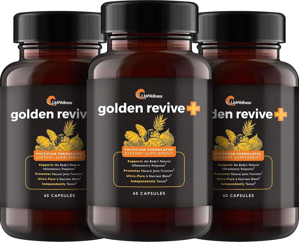 UpWellness Golden Revive + Joint Support Supplement s černým pepřem, Quercetinem a Magnesiem - Turmeric Boswellia Dodatek - 6 Aktivních ingrediencí - 60 Kapsle, 3 Pack