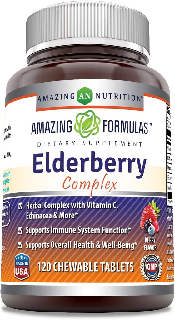 Amazing Applicas Elderberry Complex Dodatek 124; 120 Žvýkací tablety 124; Berry Flavor 124; Non- GMO Creditor 124; Gluten- Free Creditation 124; Made in USA