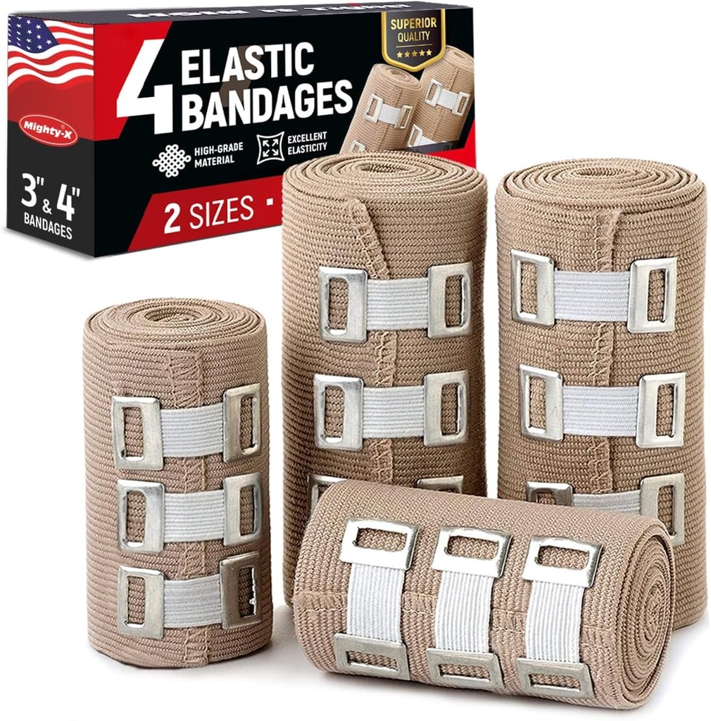 Premium Elastic Bandage Wrap - 4pk (2x3in, 2x4in) + 12 Extra klipů - Silný kompresní bandage Wrap pro zápěstí, kotníky, nohy a kolena