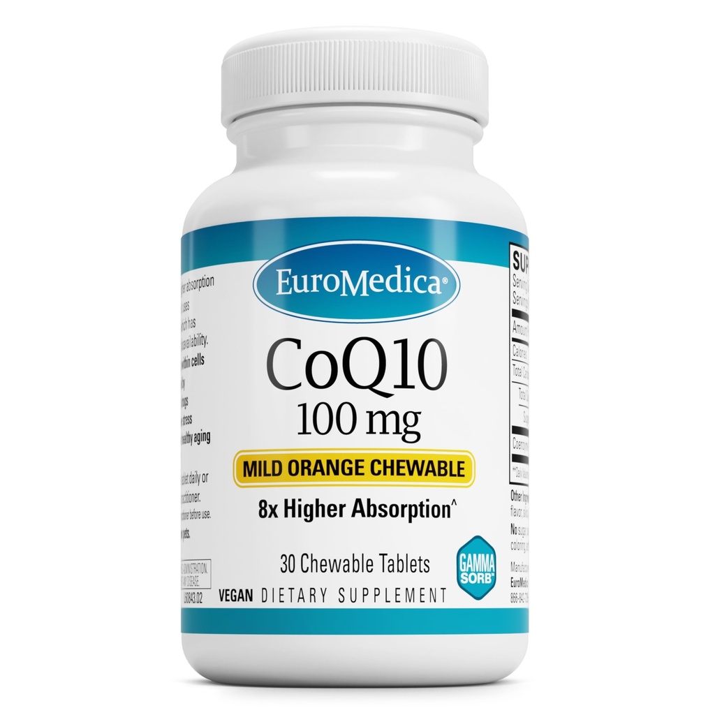 EuroMedica CoQ10 100 mg - Dodatek k podpoře buněčné energie - Vyšší absorpce CoQ10 Žvýkací dodatek - Nutriční dodatek k podpoře zdravého stárnutí a zdraví mozku - 30 Žvýkací tablety