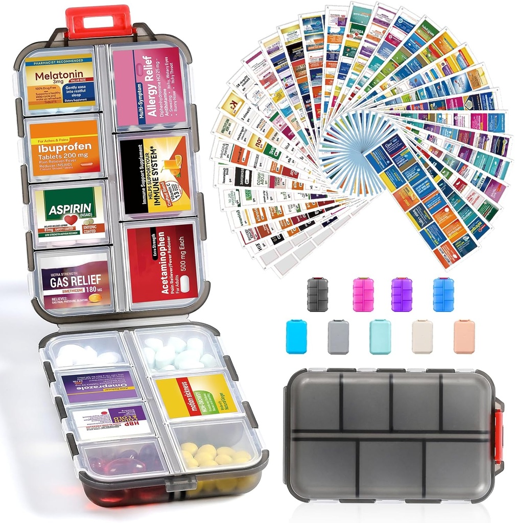 14 Grids Travel Pill Organizer Box s 415- Pcs Medicine Název etikety - Pocket Daily Pharmacy Case Container Kit - Travel Medication Holder Disperser for Fish Oil vitamin Supplement Storage - Clear Grey