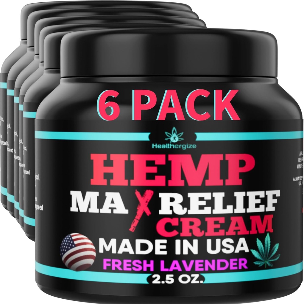 6PACK Healthergize Hemp Cream- Natural Premium Quality- Full Body Relief Instant Results- Hemp Oil Infused- Lavender, Aloe, Turmeric, Aches, Muscles, Joints, Muscles, Back, Knees, Neck- Made in USA...
