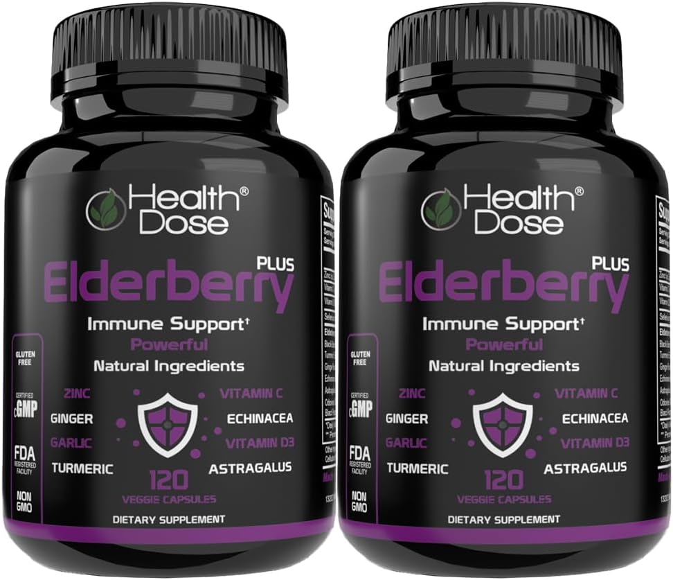 Zdravotní dávka Elderberry Plus Kapsle - Doplněk pro imunitní podporu s vitamíny C, D3, zinek, selen & 11 Ingredience pro Year- Round Wellness - 120 Veggie Kapsle, 2- měsíční zásobovací balíček 2