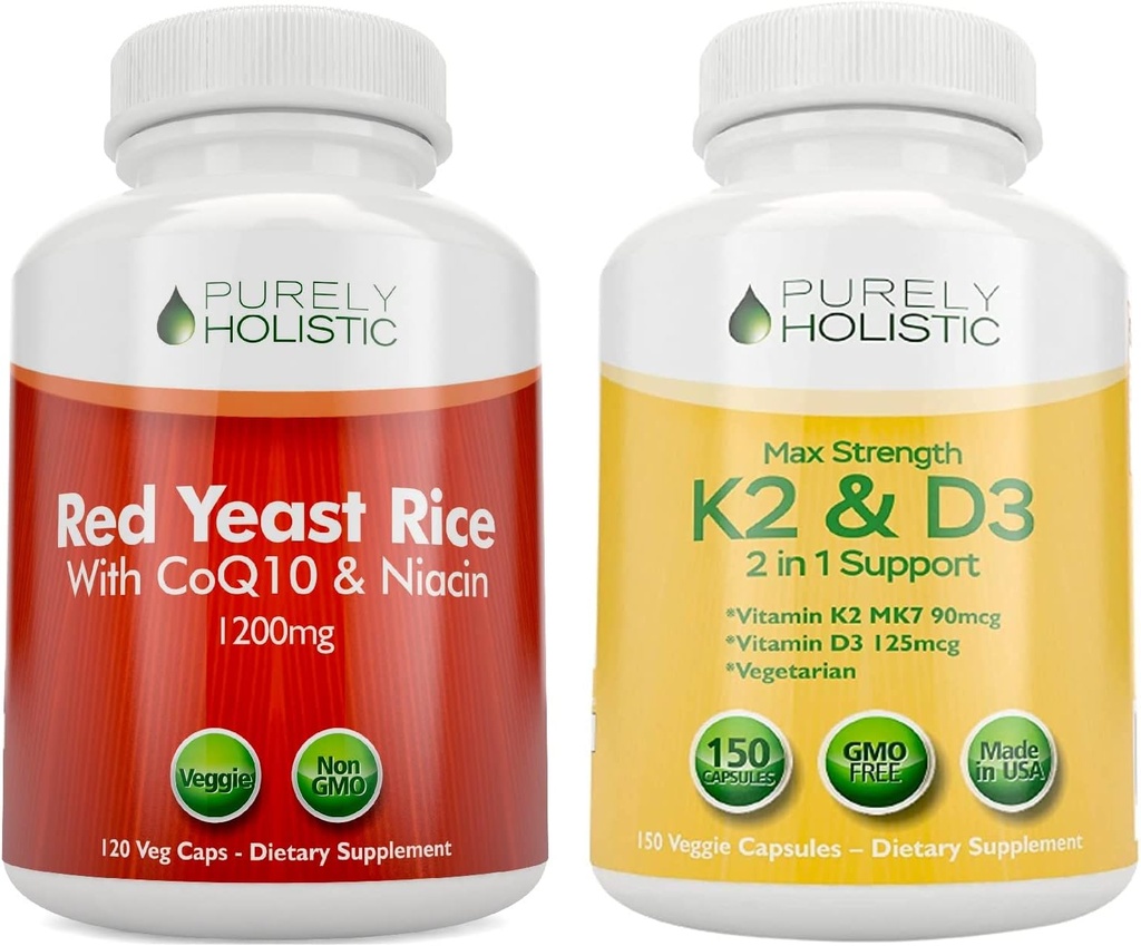 Čistě holistická červená kvasinková rýže 1200mg s CoQ10 & Niacin + vitamin D3 5000 IU (125mcg) & K2 MK7 90mcg Bundle - 270 Vegetariánské kapsle - Vyrobeno v USA