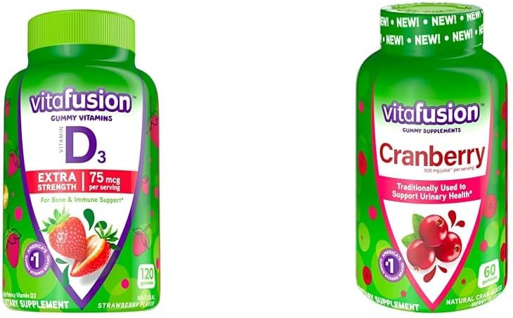 Vitafuze Extra Strength Vitamin D3 Gummy Jahodové Ochucené kosti a imunitní podpora (120 Počet) + Brusinkové gumy pro ženy Podpora močení (60 Počet)