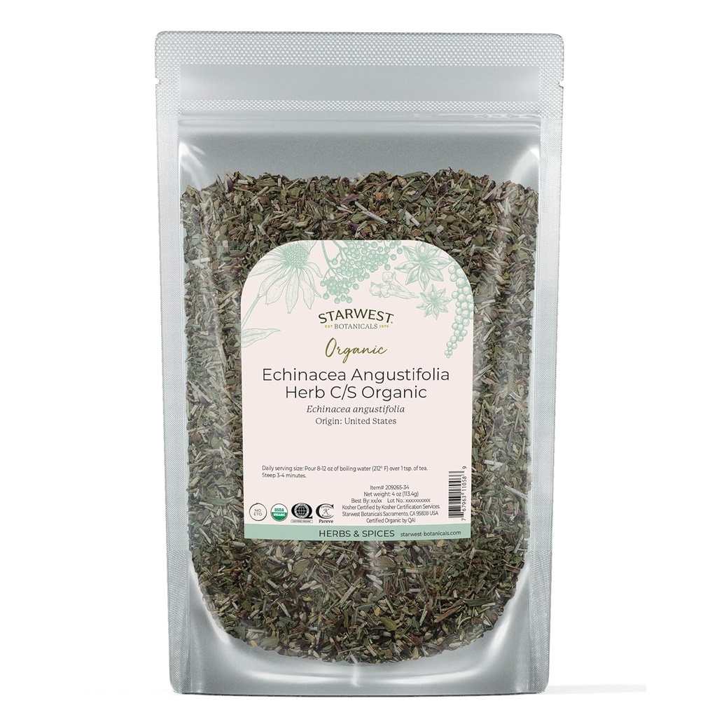 Starwest Botanicals Sured Echinacea Angustifolia Organic - Loose Leaf Herb for Tea, tinktury, & Natural Bylinné směsi, Cut & Sifted, Certified Kosher, Non- GMO - 4 oz Pouch